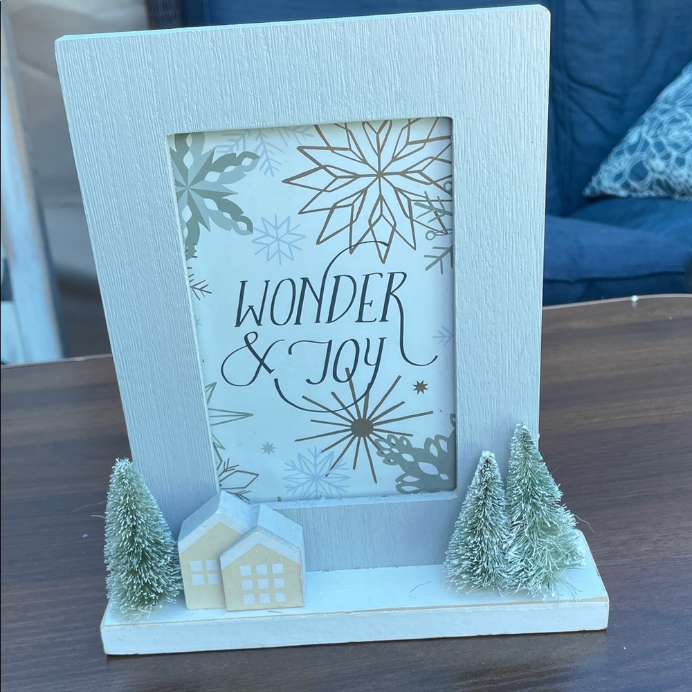 Wonder & Joy Holiday Photo Frame with Mini Tree and House Accents - White 4 x 6”